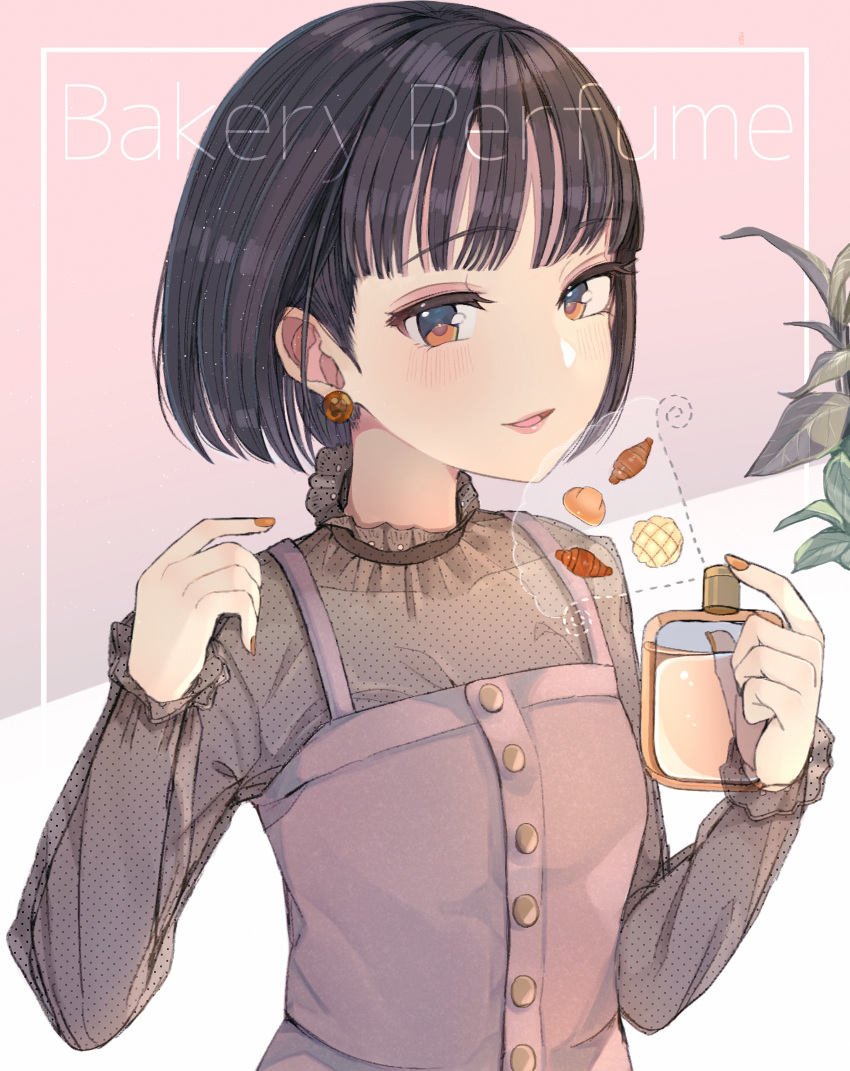 absurdres ancolatte_(onikuanco) black_hair bob_cut brown_eyes commentary_request english eyebrows_visible_through_hair highres long_sleeves looking_at_viewer nail_polish orange_nails original parted_lips perfume_(cosmetics) plant short_hair smile solo upper_body