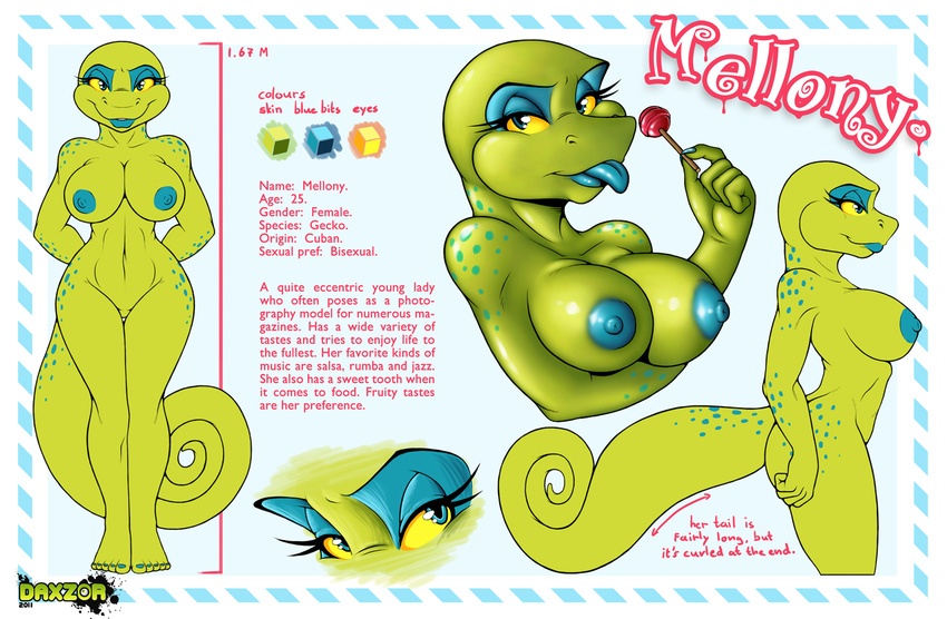 anthro blue_nipples breasts daxzor female gecko green green_theme lizard looking_at_viewer mellony model_sheet nipples nude reptile scalie solo tail tongue yellow_eyes