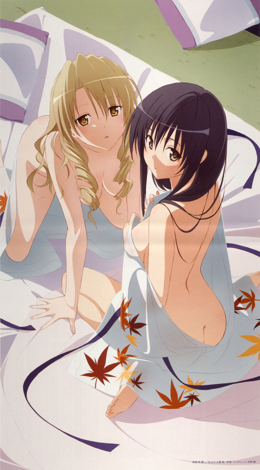 absurdres ass barefoot black_hair blonde_hair breasts brown_eyes cleavage covering covering_breasts drill_hair highres japanese_clothes kotegawa_yui long_hair long_image looking_back medium_breasts multiple_girls nipples non-web_source nude oka_yuuichi scan scan_artifacts sideboob stick_poster tall_image tenjouin_saki to_love-ru undressing yellow_eyes