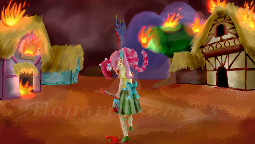 alice_(wonderland) alice_in_wonderland alice_liddell alice_madness_returns american_mcgee's_alice blood blue_eyes burning cat cheshire_cat clothed clothing crossover duo feline female fire fluttershy_(mlp) friendship_is_magic hair hasbro human humanized kaxaks knife looking_at_viewer looking_back madness mammal my_little_pony parody pink_hair pinkamena_(mlp) pinkie_pie_(mlp) signature solo village watermark weapon