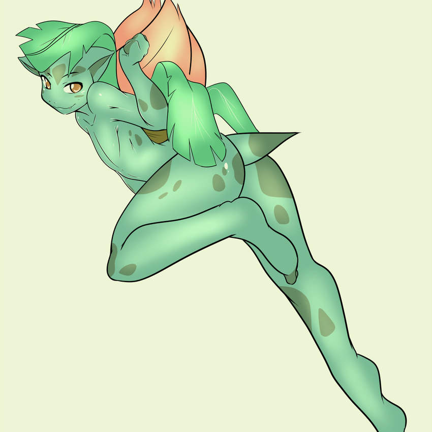 anthro brown_eyes butt flora_fauna girly green green_body ivysaur kami-chan leaf looking_at_viewer looking_back male nintendo nude plain_background plant pok&#233;mon pok&#233;morph pok&eacute;mon pok&eacute;morph smile solo spots standing tail video_games white_background