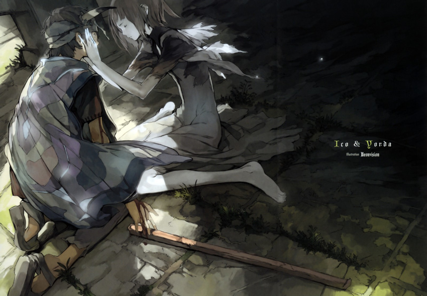 1girl barefoot black_hair blood brown_hair cape closed_eyes feet highres horns houden_eizou ico ico_(character) pale_skin poncho sandals short_hair silver_hair source_request stick yorda