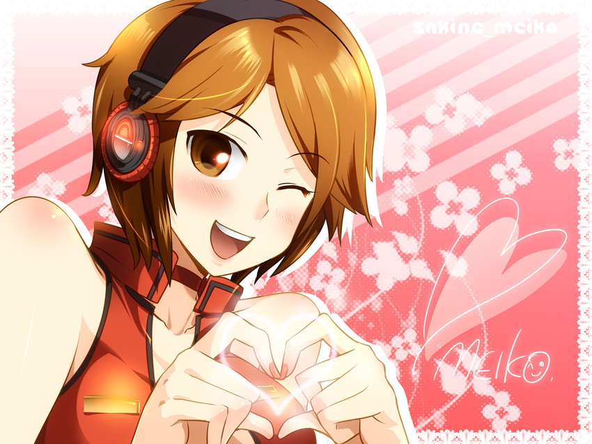 blush brown_eyes brown_hair caffein headphones heart heart_hands highres meiko moe_moe_kyun! nail_polish one_eye_closed pink_nails sakine_meiko solo vocaloid