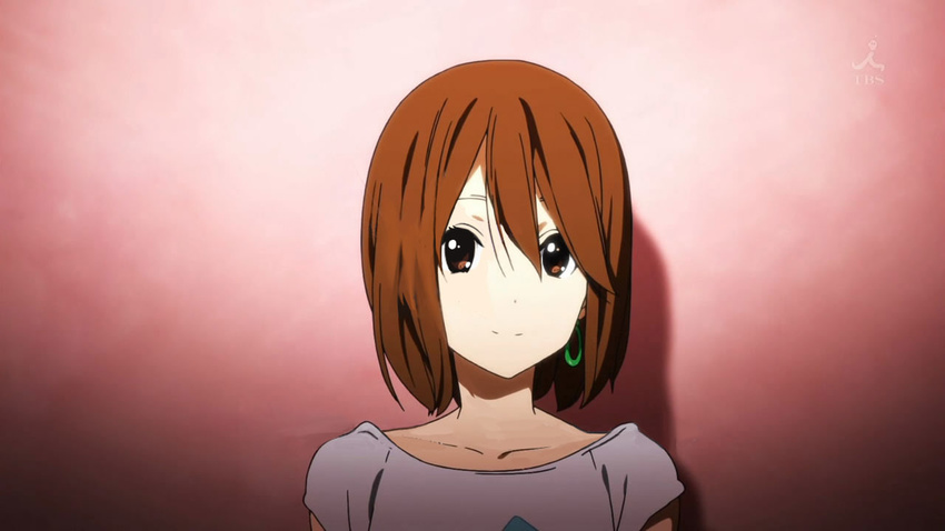 alternate_hairstyle brown_eyes casual earrings hirasawa_yui jewelry jpeg_artifacts k-on! listen!! screencap solo third-party_edit watermark