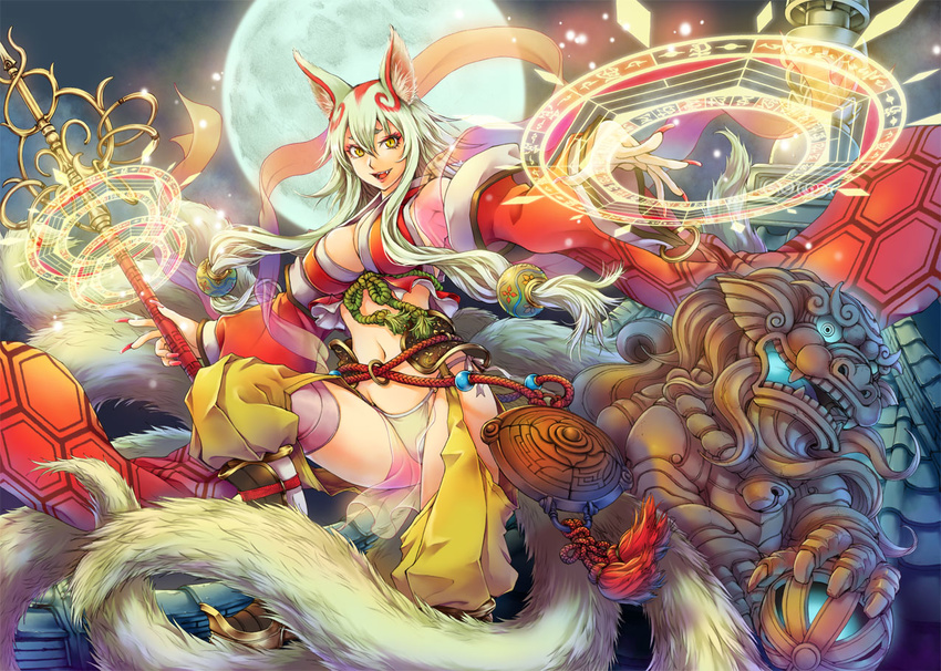 animal_ears bikini fangs full_moon hexagon japanese_clothes light_particles magic_circle monster moon original sky solo swimsuit tail toshi white_hair yellow_eyes