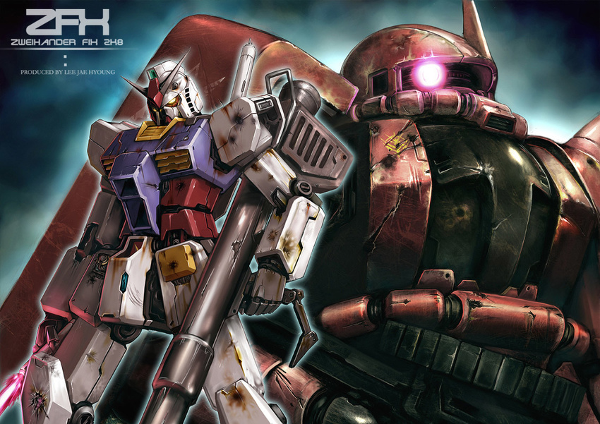 burn_mark damaged dual_wielding energy_sword glowing glowing_eye gun gundam holding jay_b_lee machine_gun mecha mobile_suit_gundam no_humans rx-78-2 sword weapon zaku zaku_ii zaku_ii_s_char_custom