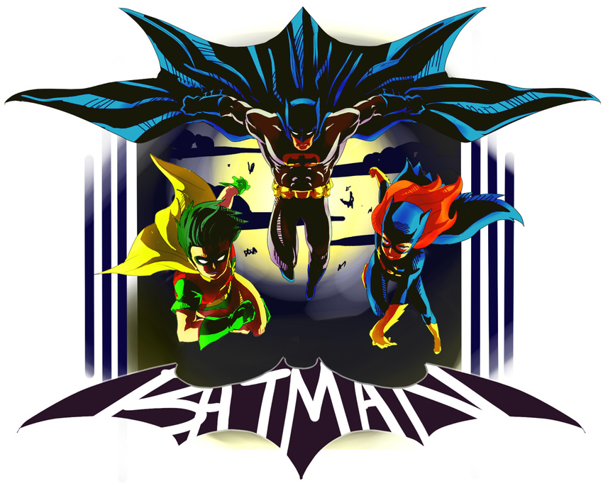 1girl 2boys barbara_gordon batgirl batman batman_(series) black_shoes bodysuit bruce_wayne cape copyright_name dc_comics dick_grayson family father father_and_son female gloves green_gloves green_hair green_shoes hotate_(suikaneko) long_hair male mask multiple_boys orange_hair robin_(dc) shoes short_hair suikaneko trio yellow_shoes