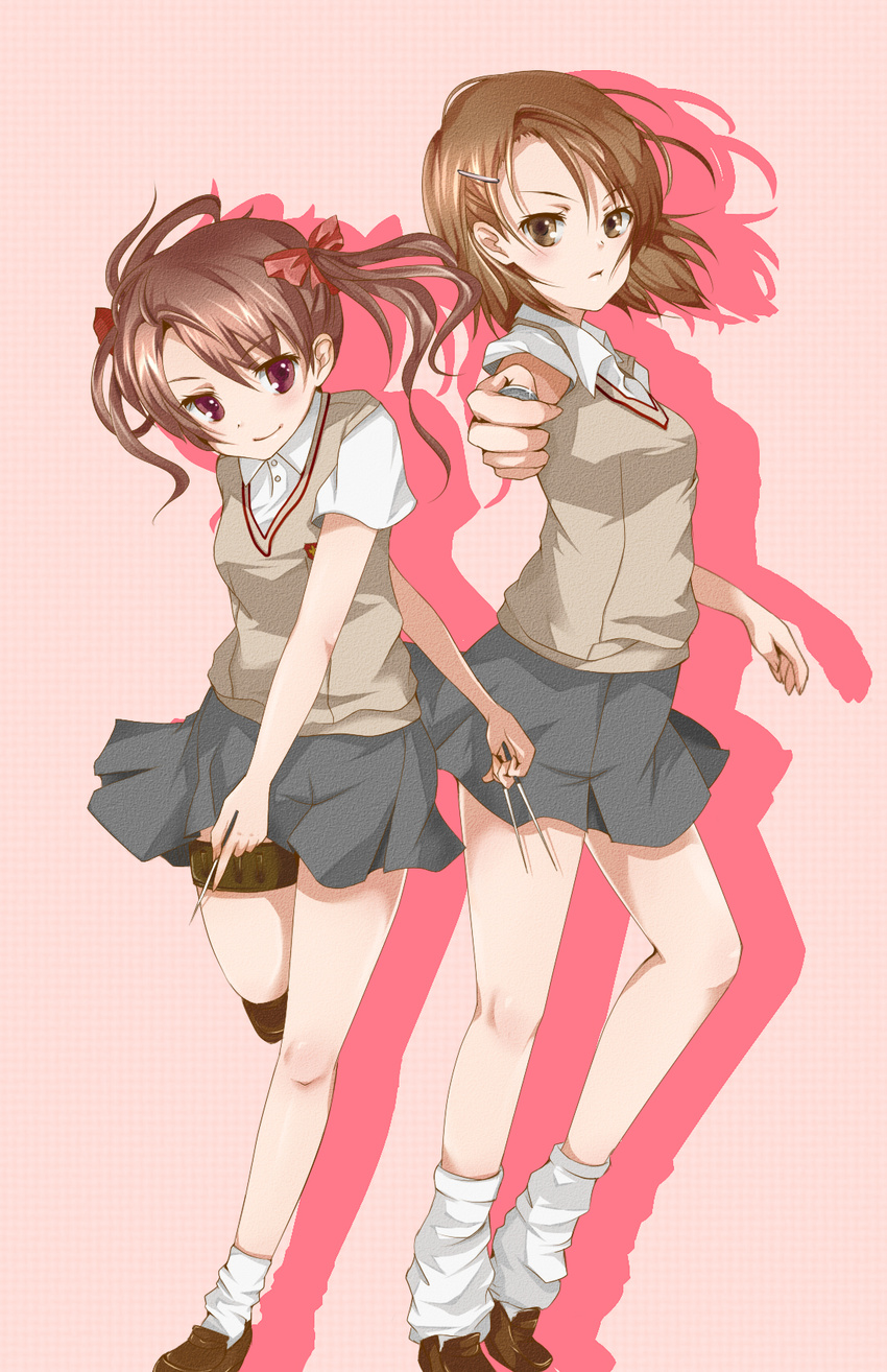 back-to-back bad_id bad_pixiv_id brown_eyes brown_hair coin highres long_hair misaka_mikoto multiple_girls school_uniform shirai_kuroko short_hair socks sticks sweater_vest thigh_strap to_aru_kagaku_no_railgun to_aru_majutsu_no_index twintails wikumi