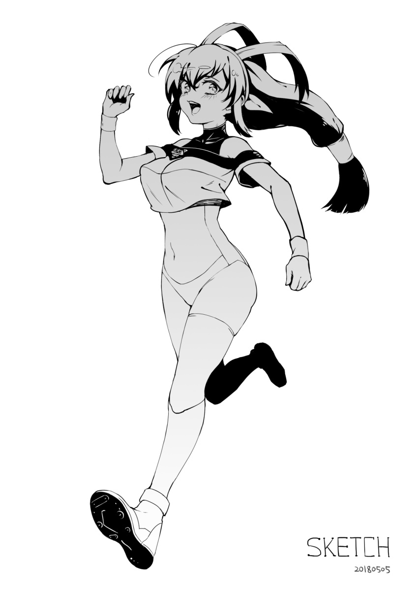 1girl absurdres battle_athletes crop_top dated full_body greyscale gym_uniform highres kanzaki_akari long_hair low-tied_long_hair monochrome open_mouth running shoes smile sneakers solo xiaobang