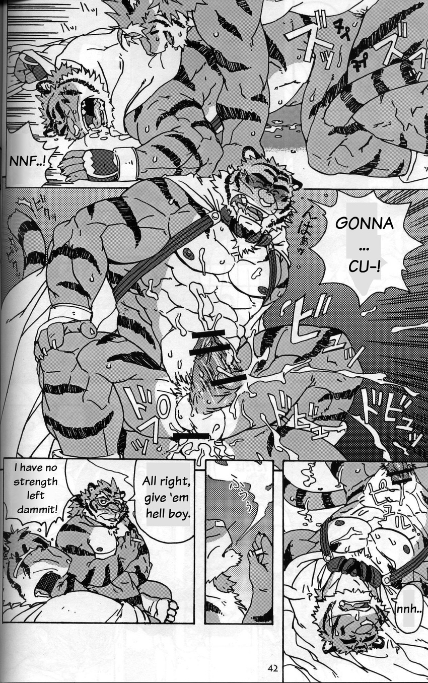 biceps big_muscles build_tiger build_tiger_(character) buttertoast comic cum feline fur gamma-g gay greyscale male mammal manga monochrome muscles penis prologue tiger translated