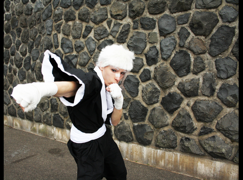 bandage clenched_hand cosplay fighting_stance fist highres katekyo_hitman_reborn katekyo_hitman_reborn! photo real sasagawa_ryohei sasagawa_ryouhei shueisha solo white_hair