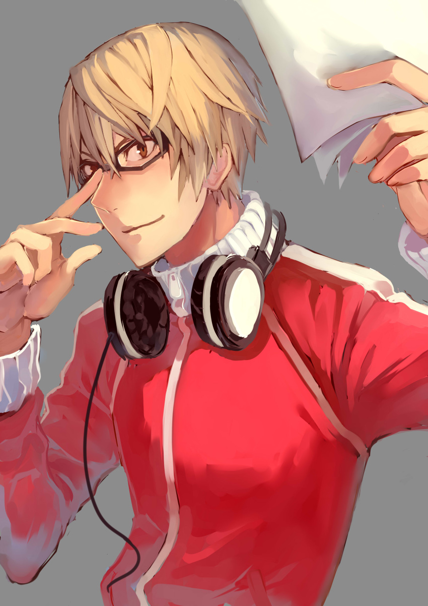 1boy absurdres adjusting_eyewear bakuman blonde_hair brown_eyes glasses grey_background headphones headphones_around_neck highres jacket kurenai907 long_sleeves male_focus paper red_jacket simple_background smile solo takagi_akito