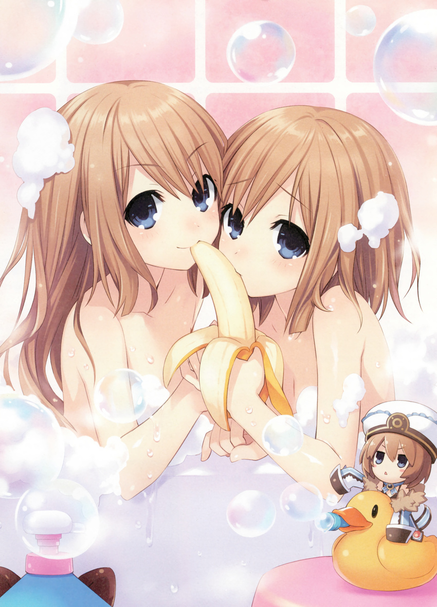 &gt;:&lt; 2011 3girls :&lt; absurdres banana banana_peel bangs bare_shoulders bath bath_stool bathing bathtub blanc blonde_hair blue_eyes blush blush_stickers bottle brooch brown_hair bubble bubble_bath character_doll chibi choujigen_game_neptune choujigen_game_neptune_mk2 collarbone compile_heart convenient_censoring dogoo flat_chest foam food frilled_hat frills from_side fruit fur_trim hat highres holding holding_fruit idea_factory jewelry jitome light_smile long_hair long_sleeves looking_at_viewer mouth_hold multiple_girls neck_ribbon neptune_(series) nude official_art parted_bangs partially_submerged raised_eyebrows ram_(choujigen_game_neptune) ram_(neptune) ribbon riding rom_(choujigen_game_neptune) rom_(neptune) rubber_duck scan sexually_suggestive shared_bathing shared_food short_hair siblings sisters sleeve_cuffs sleeves_past_wrists smile soap_bubbles stool tile_wall tiles toy triangle_mouth tsunako twins upper_body water wet