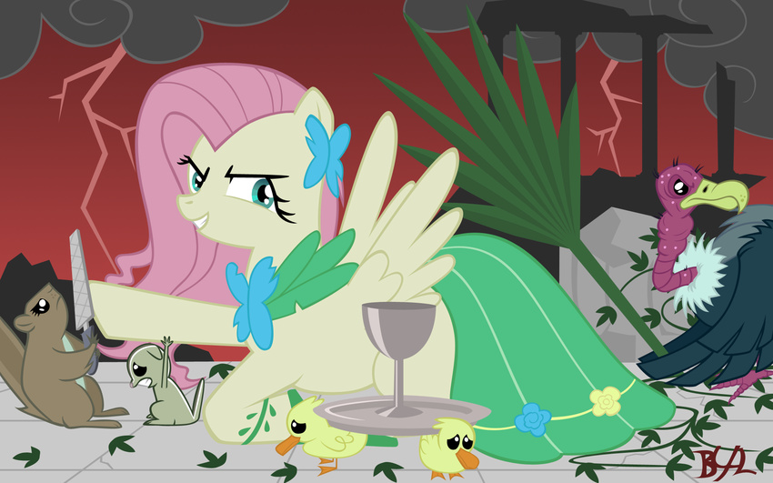 avian bird buzzard dress duck equine female feral fluttershy_(mlp) friendship_is_magic hasbro mammal my_little_pony nuttershy pegasus the_stare unknown_artist wallpaper widescreen wings