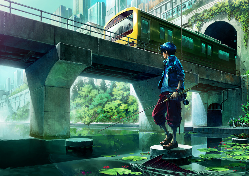 blue_hair bridge cat fish fishing_rod ground_vehicle jacket lily_pad male_focus original oropi railing revision river sleeves_rolled_up solo standing train turtle