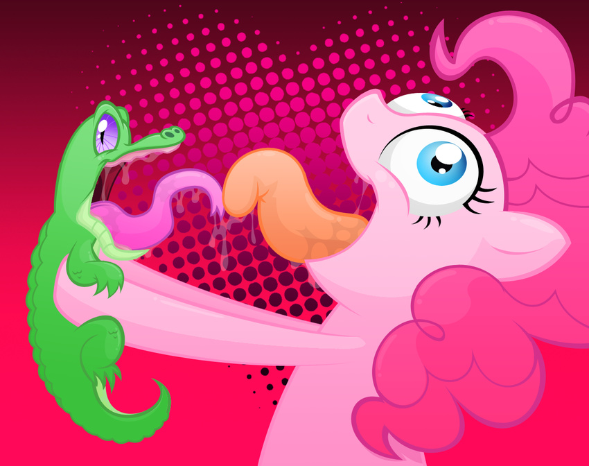 blue_eyes duo equine female feral friendship_is_magic fur gummy_(mlp) hair hasbro horse interspecies kissing licking male mammal misterdavey my_little_pony pink_fur pink_hair pink_theme pinkie_pie_(mlp) pony purple_eyes reptile scalie size_difference tongue