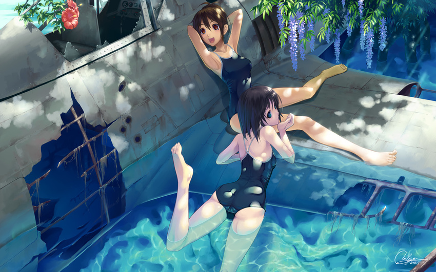 armpits arms_up bad_id bad_pixiv_id barefoot black_hair blue_eyes brown_hair flower hibiscus multiple_girls one-piece_swimsuit open_mouth original red_eyes shounen_democratica swimsuit wallpaper water wreckage