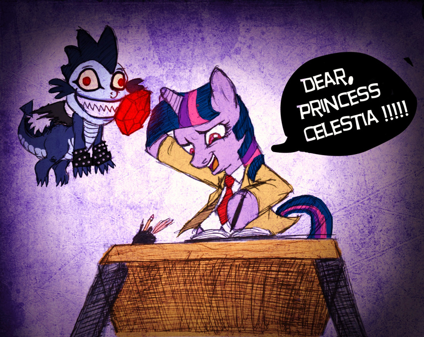 crossover death_note dragon equine female feral friendship_is_magic gem hasbro horn implied_death light_yagami male mammal my_little_pony parody purple_eyes red_eyes ryuk scalie spike_(mlp) twilight_sparkle_(mlp) umeh unicorn yagami_light