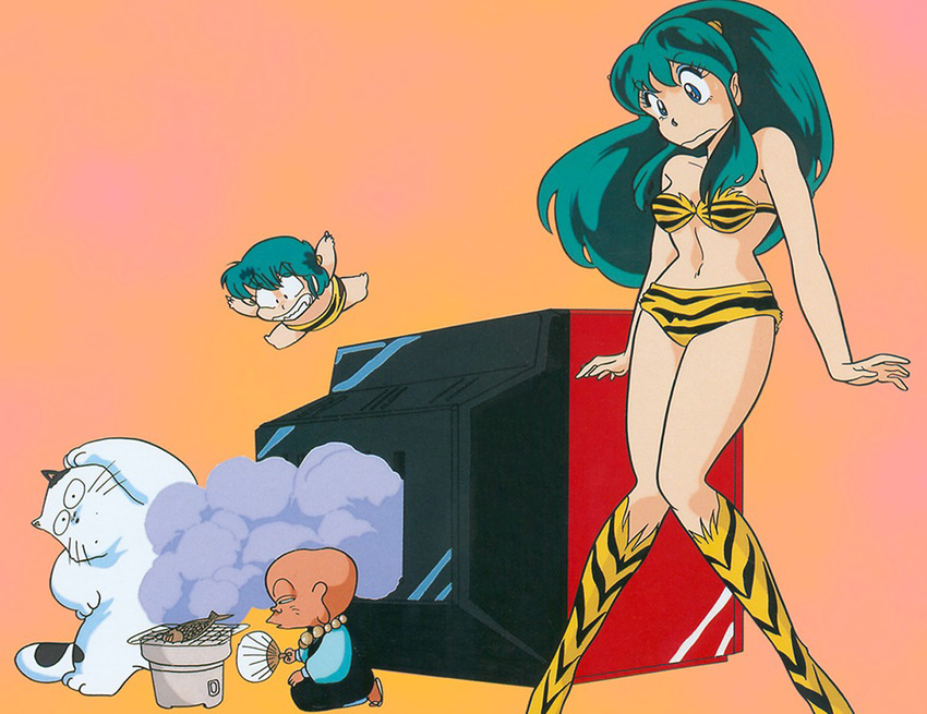 1girl 2boys bald bikini fish gradient gradient_background green_hair horns kotatsu-neko kotatsu_neko legs long_hair lum multiple_boys old_man oni sakuranbou simple_background swimsuit television ten_(urusei_yatsura) tiger_print urusei_yatsura