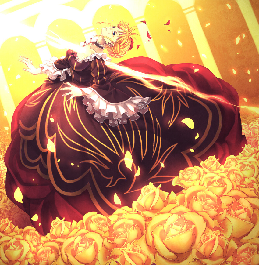 beatrice blonde_hair blue_eyes breasts cleavage dress flower hair_flower hair_ornament highres large_breasts misti petals rose solo umineko_no_naku_koro_ni yellow_flower yellow_rose