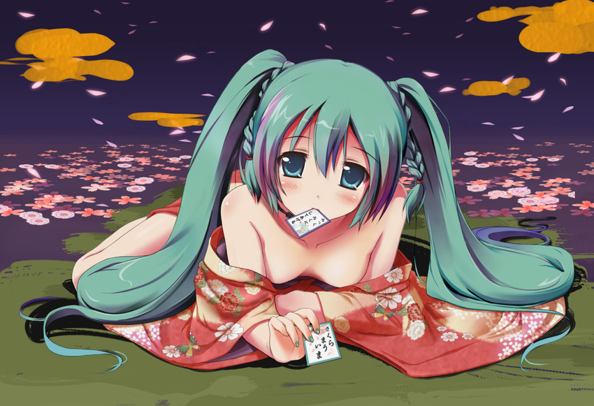 aqua_eyes aqua_hair aqua_nails bare_shoulders blush downblouse floral_print flower hatsune_miku japanese_clothes kimono long_hair mouth_hold nail_polish solo strap_slip twintails utamaru_(konomix) vocaloid yukata