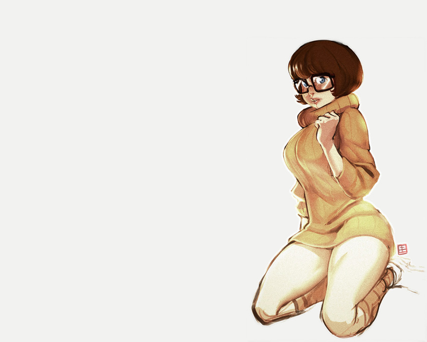 bottomless brown_hair eyewear female glasses hair hanna&#8211;barbera hanna&ndash;barbera not_furry plain_background scooby-doo_(series) short_hair solo sweater unknown_artist velma_dinkley wallpaper white_background