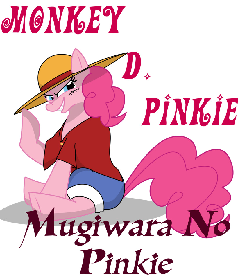 clothing crossover equine female feral friendship_is_magic fur hair hasbro hat horse killkatt looking_at_viewer mammal monkey_d_luffy my_little_pony one_piece pink_fur pink_hair pinkie_pie_(mlp) plain_background pony smile solo text transparent_background