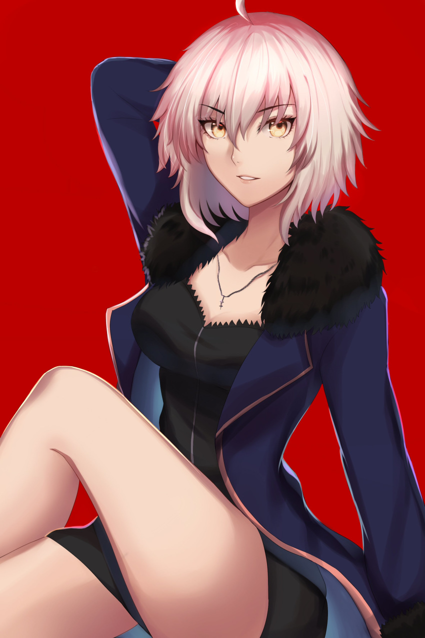 1girl absurdres ahoge arm_behind_head black_dress blue_coat breasts cleavage coat collarbone dress eyebrows_visible_through_hair fate/grand_order fate_(series) fur-trimmed_coat fur_trim hair_between_eyes hand_in_hair highres jeanne_d'arc_(alter)_(fate) jeanne_d'arc_(fate)_(all) jewelry legs_crossed looking_at_viewer medium_breasts necklace parted_lips red_background rekung short_dress short_hair silver_hair simple_background sitting smile solo yellow_eyes