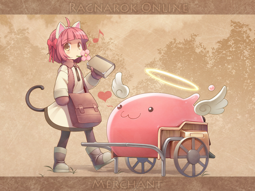 :3 ahoge angeling animal_ears bag bangs blunt_bangs book child fake_animal_ears flower fujishiro_touma gloves halo heart highres merchant_(ragnarok_online) mouth_hold musical_note pantyhose pink_hair ragnarok_online satchel short_hair solo tail wallpaper wheelbarrow wings yellow_eyes