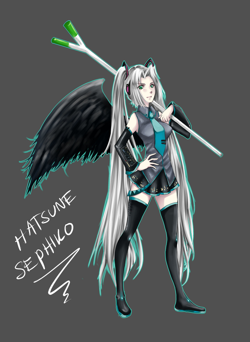 absurdres final_fantasy final_fantasy_vii genderswap green_eyes hatsune_miku highres leek parody sephiroth silver_hair spring_onion vocaloid