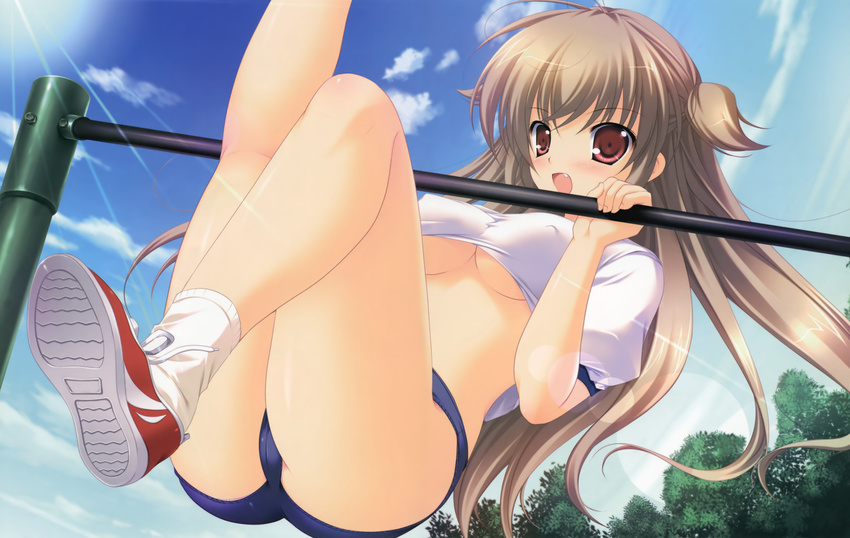 :d absurdres blush breasts brown_hair buruma cameltoe covered_nipples crop_top fang game_cg gym_uniform highres horizontal_bar lens_flare light_rays long_hair medium_breasts mikeou nanairo_kouro nanami_haruka_(nanairo_kouro) no_bra open_mouth panties red_eyes shiny shiny_skin shirt shoes smile sneakers striped striped_panties sunbeam sunlight taut_clothes taut_shirt two_side_up underboob underwear