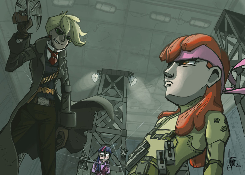 applejack_(mlp) artrix bombs crossover feline friendship_is_magic green_eyes hasbro headband konami metal_gear_solid my_little_pony not_furry orange_eyes pinke_pie_(mlp) revolver revolver_ocelot snake tripwire