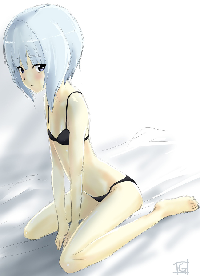 bad_id bad_pixiv_id barefoot blue_eyes bra feet flat_chest highres kannagi_noel lingerie panties short_hair silver_hair sitting solo sora_no_woto tooya_daisuke underwear underwear_only