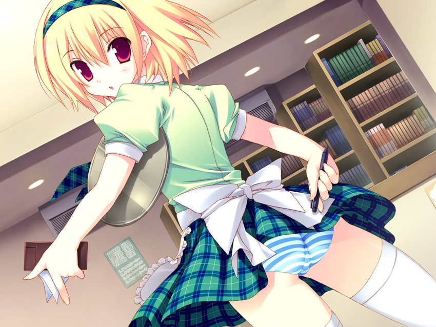 blonde_hair game_cg kuze_hinata ore_no_kanojo_wa_hito_de_nashi panties red_eyes short_hair striped_panties takanae_kyourin thighhighs underwear waitress