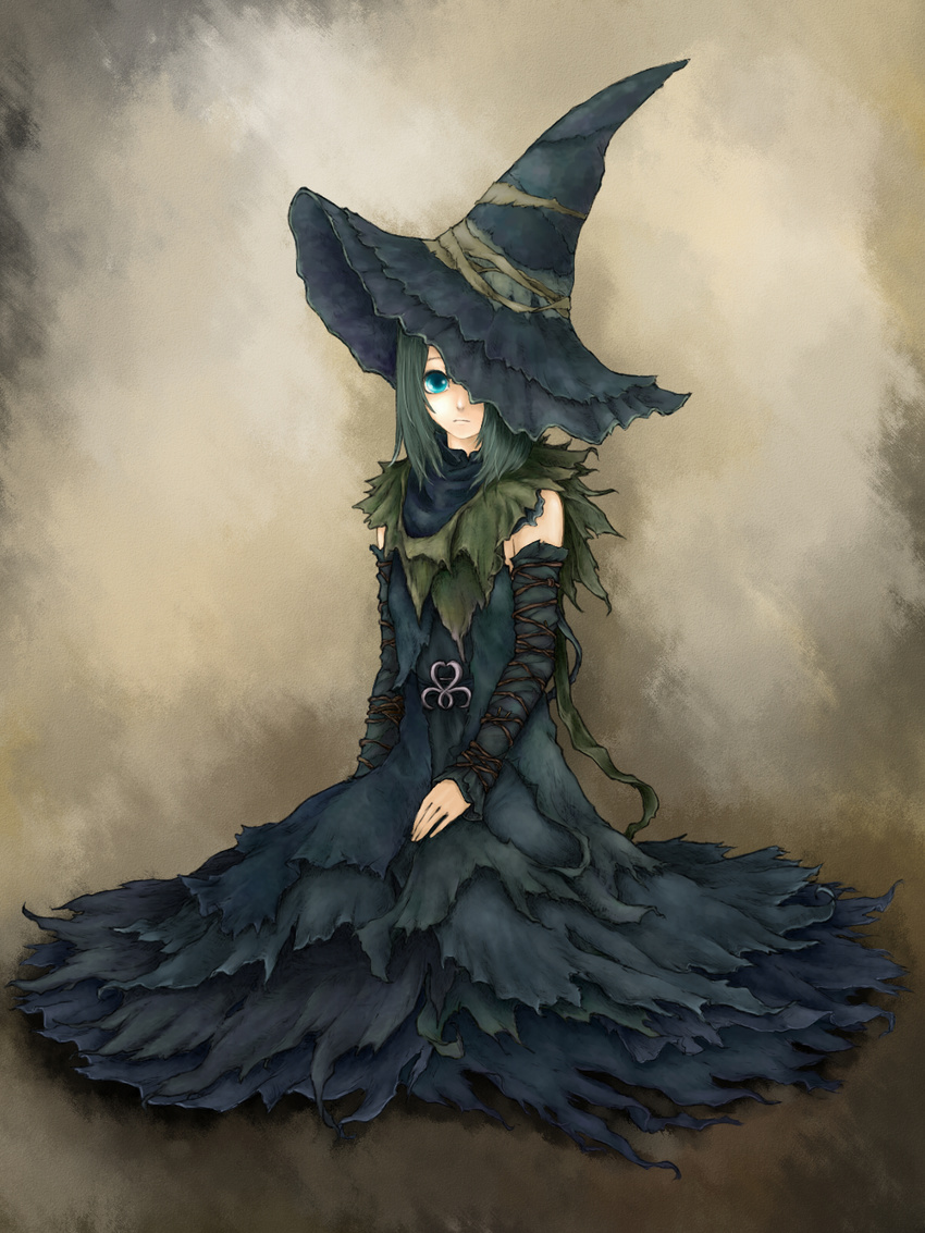 aqua_eyes demon's_souls dress grey_hair hat hat_over_one_eye highres ise_(0425) solo souls_(from_software) witch witch_hat yuria_the_witch