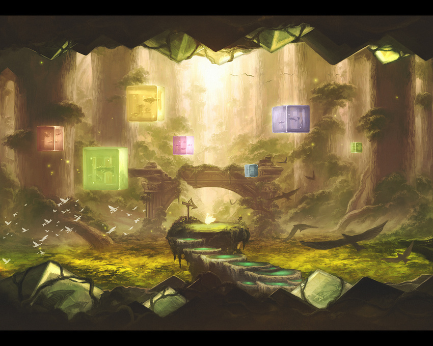 animal bad_id bad_pixiv_id bird chitose_rin cube fantasy fish fish_tank floating floating_object forest letterboxed light_particles nature original overgrown pillar road_sign ruins scenery sign silhouette tree wallpaper water_surface