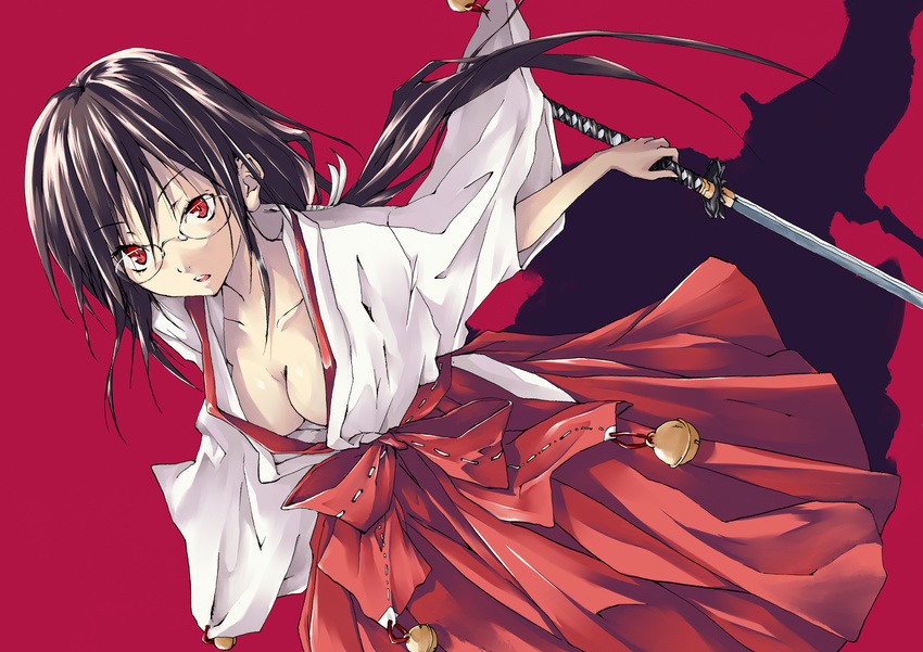 bell black_hair blood-c breasts cleavage collarbone dutch_angle glasses highres japanese_clothes jingle_bell karasu_raku katana kisaragi_saya long_hair medium_breasts miko red_eyes solo sword weapon