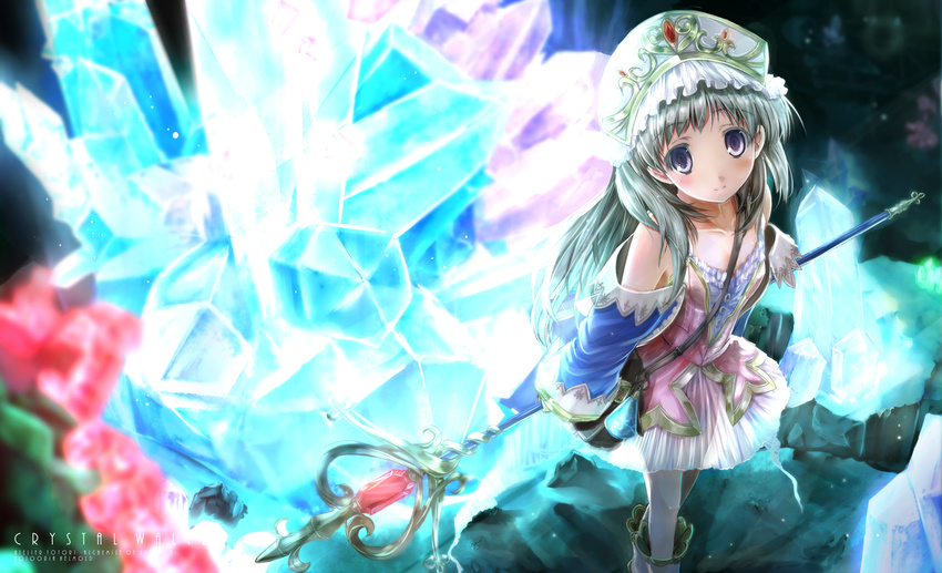 atelier_(series) atelier_totori blue_eyes blue_sleeves blush boots collarbone crystal detached_sleeves flat_chest hat long_hair looking_at_viewer scarlet_(studioscr) see-through silver_hair solo staff standing totooria_helmold