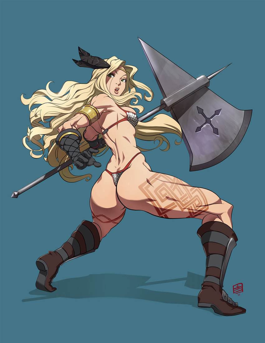 amazon_(dragon's_crown) armlet armor ass bikini_armor blonde_hair boots circlet dragon's_crown feathers gloves green_eyes halberd highres long_hair muscle muscular_female polearm qiqo solo tattoo thick_thighs thighs weapon