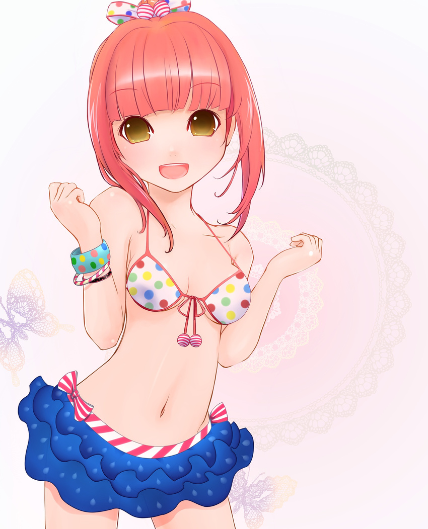 :d bangle bikini bow bracelet breasts front-tie_top hair_bow highres jewelry looking_at_viewer lucia_(pangya) midriff navel open_mouth pangya polka_dot red_hair small_breasts smile solo source_request strap_gap swimsuit yellow_eyes yummy_yoi