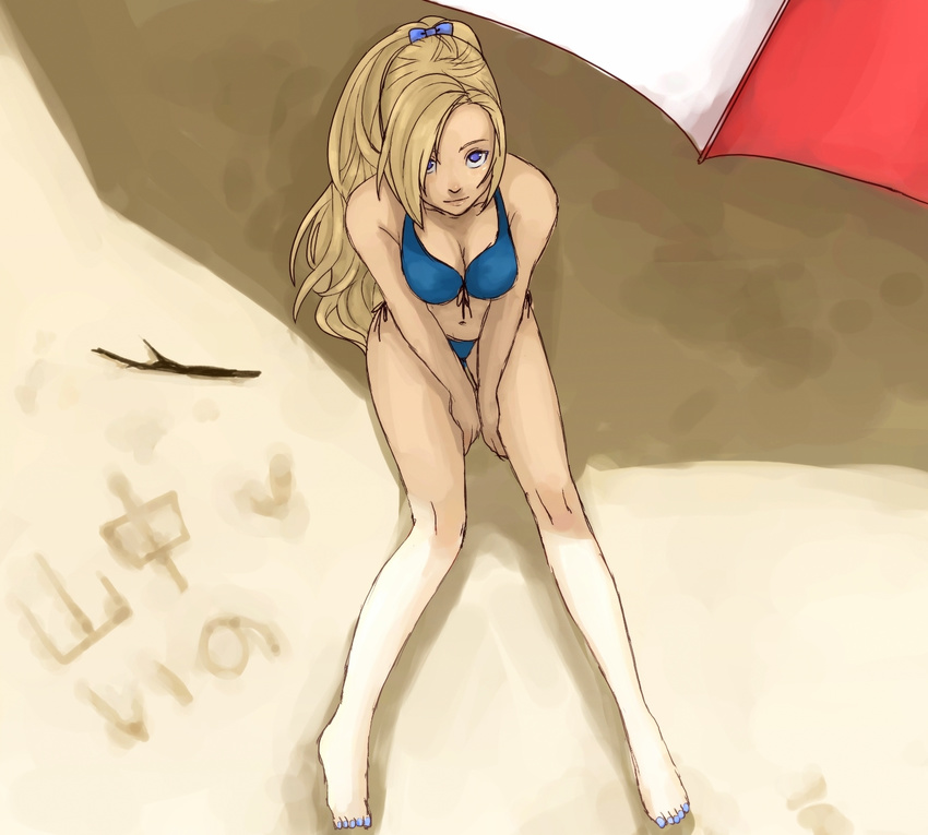 barefoot beach bikini blonde_hair blue_eyes blue_nails booselene breasts cleavage feet from_above highres long_hair nail_polish naruto painted_toenails ponytail shade sitting solo swimsuit toenail_polish yamanaka_ino