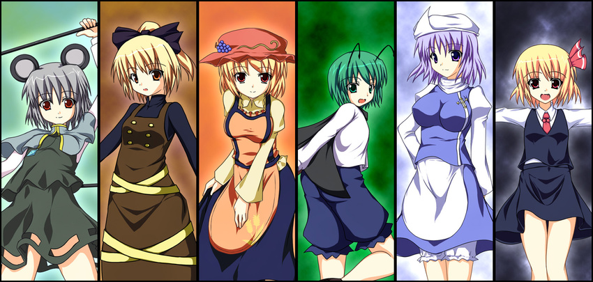 aki_minoriko animal_ears antennae ascot bad_id bad_pixiv_id blonde_hair bow breasts cape capelet column_lineup dress food fruit grapes green_eyes green_hair grey_hair hair_bow hair_ribbon hat highres kurodani_yamame lavender_hair letty_whiterock mouse mouse_ears mouse_tail multiple_girls nazrin outstretched_arms red_eyes ribbon rumia sakai_(pixiv) short_hair small_breasts smile stage_connection tail touhou wriggle_nightbug