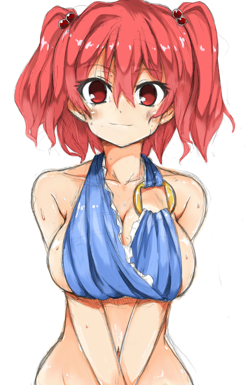 breasts hair_bobbles hair_ornament highres large_breasts looking_at_viewer morino_harifu nude onozuka_komachi red_eyes red_hair short_hair simple_background sketch smile solo touhou two_side_up upper_body v_arms white_background