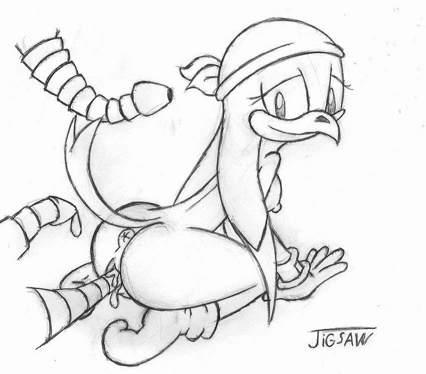 avian bandanna bent_over bird black_and_white breasts female jigsaw monochrome nipples plain_background pussy sega side_boob sketch solo sonic_(series) sonic_riders swallow_(bird) tentacles vaginal wave_the_swallow white_background