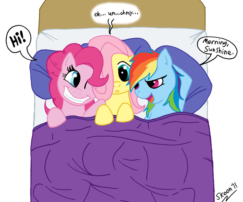 bed blue_fur equine female feral fluttershy_(mlp) friendship_is_magic fur group group_sex hasbro horse in_bed lesbian mammal my_little_pony pegasus pink_fur pinkie_pie_(mlp) pony rainbow_dash_(mlp) sex skoon threesome wings