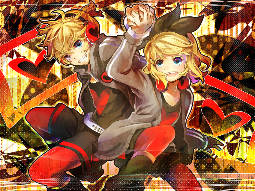 1girl belt blonde_hair bow brother_and_sister fingerless_gloves gloves grin hair_bow headphones heart heart-shaped_pupils holding_hands kagamine_len kagamine_rin lulu_season open_mouth pantyhose short_hair shorts siblings smile studded_belt symbol-shaped_pupils twins unhappy_refrain_(vocaloid) vocaloid