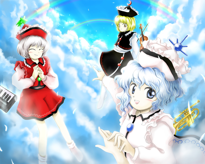 blonde_hair blue_eyes blue_hair blue_sky closed_eyes cloud cornet_(instrument) day double_rainbow feathers hat instrument keyboard_(instrument) lunasa_prismriver lyrica_prismriver mdnk merlin_prismriver multiple_girls official_style oota_jun'ya_(style) parody rainbow shirt siblings silver_hair sisters skirt skirt_set sky style_parody touhou trumpet violin yellow_eyes