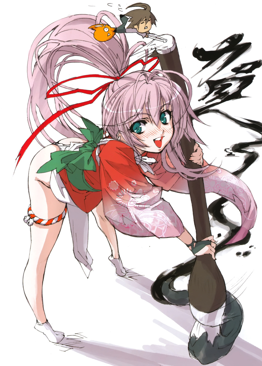 1girl :d absurdres al_azif antenna_hair bell calligraphy_brush chibi daijuuji_kurou demonbane dunsany frills green_eyes highres kouhaku_nawa lavender_hair leaning_forward long_hair nishii_(nitroplus) official_art open_mouth oversized_object paintbrush ponytail sketch smile tabi thigh_strap tiptoes white_background