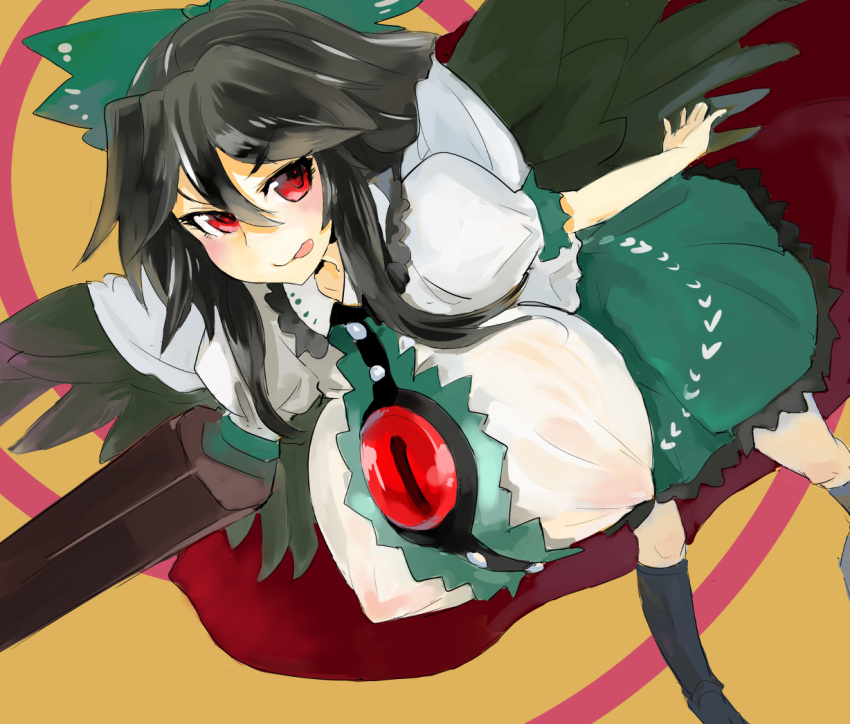 1girl :p arm_cannon bird_wings black_hair black_legwear black_wings blouse blush bow breasts buttons cape closed_mouth collared_blouse commentary_request control_rod covered_nipples dutch_angle erect_nipples feet_out_of_frame foreshortening frilled_skirt frills green_bow green_skirt hair_between_eyes hair_bow huge_breasts impossible_clothes leaning_forward long_hair looking_at_viewer mismatched_footwear nipples no_bra outstretched_arm puffy_short_sleeves puffy_sleeves red_eyes reiuji_utsuho seductive_smile see-through short_sleeves single_sock sinzan skirt smile socks solo standing third_eye tongue tongue_out touhou v-shaped_eyebrows weapon white_blouse white_cape wings