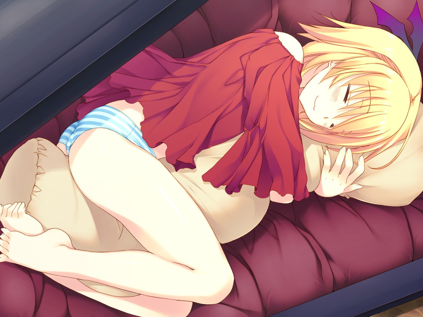 :3 blonde_hair game_cg kuze_hinata ore_no_kanojo_wa_hito_de_nashi panties short_hair sleeping striped_panties takanae_kyourin underwear